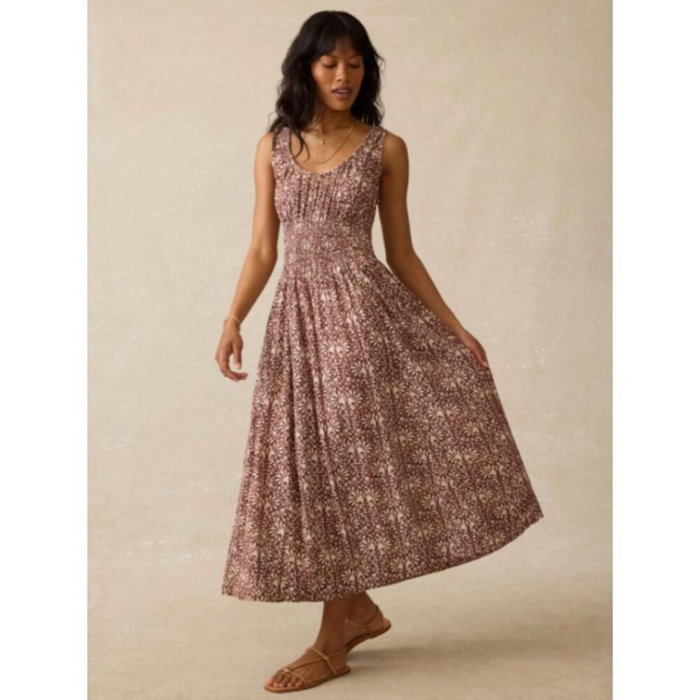 Faherty Sunseeker Dress Sausalito Sunset Brown Floral Smocked Midi Small